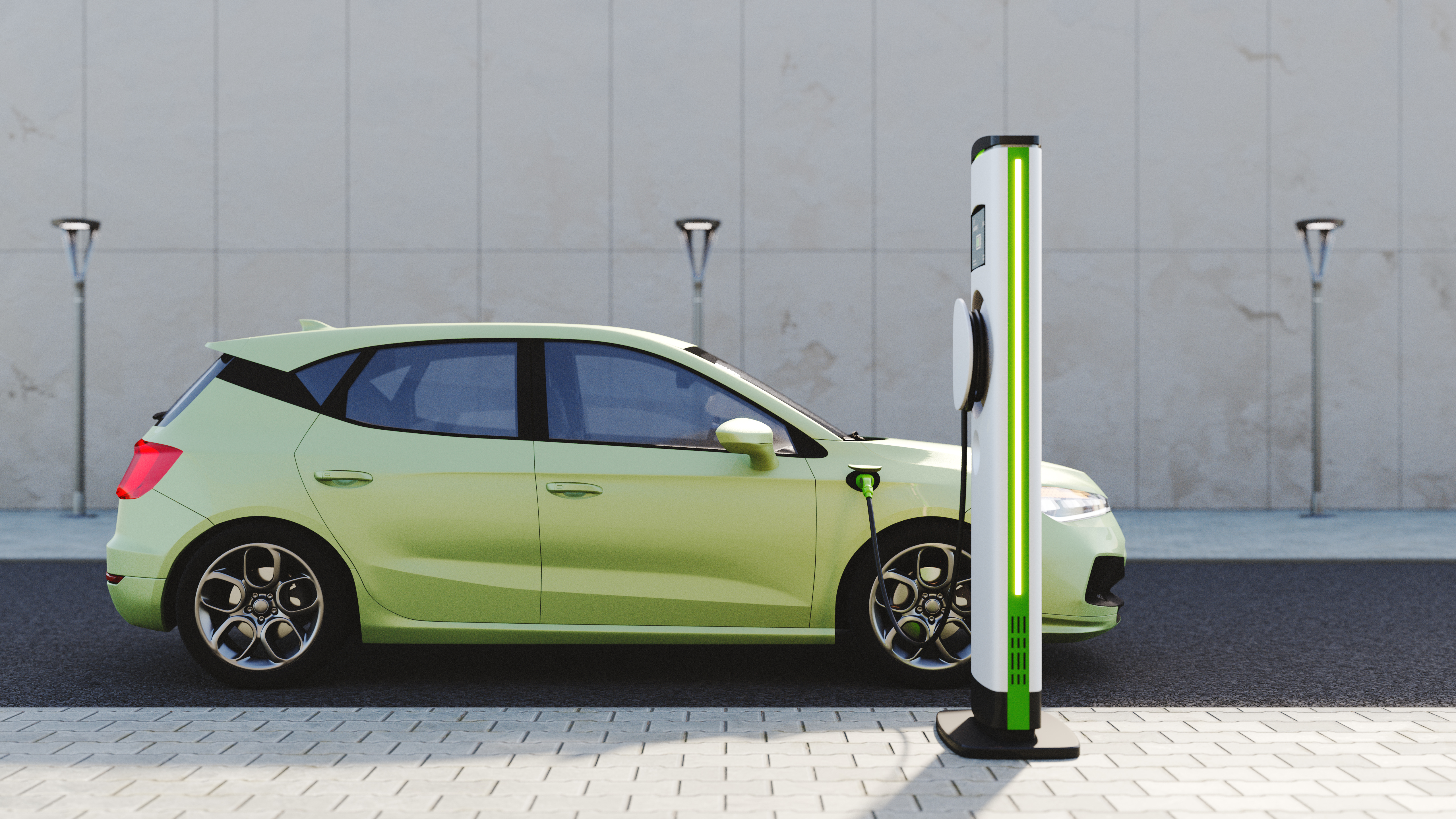 Neon green electric car at a charging station.